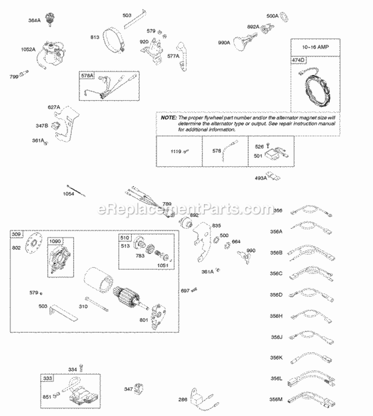 Alternator Electric Starter Ignition Diagram and Parts List for 216302-0121-B1  Briggs and Stratton Engine